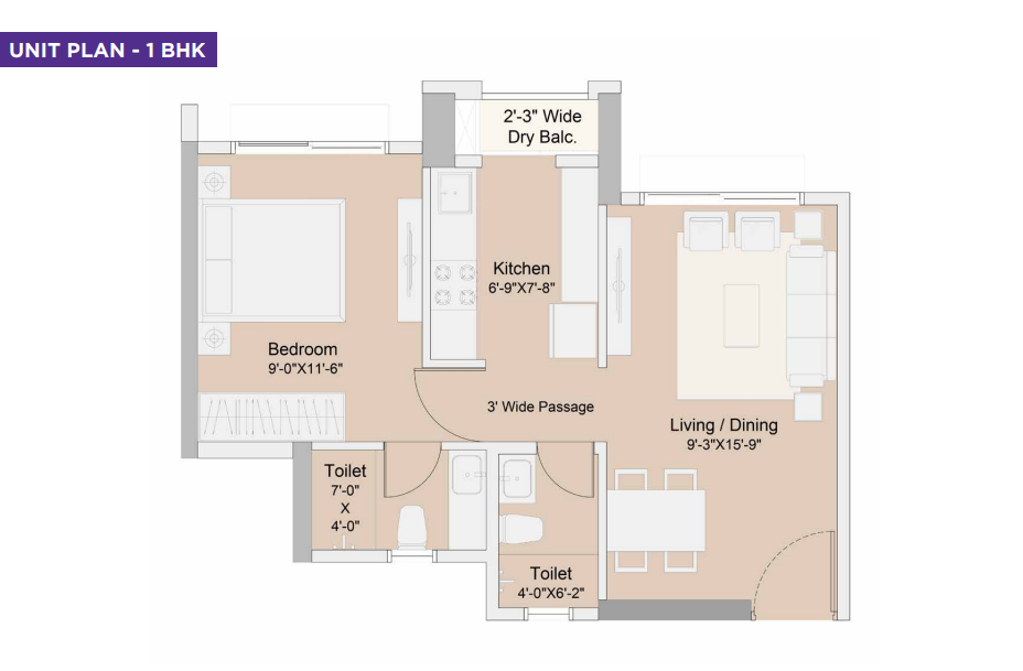 1 BHK Compact Floor Plan Sunteck